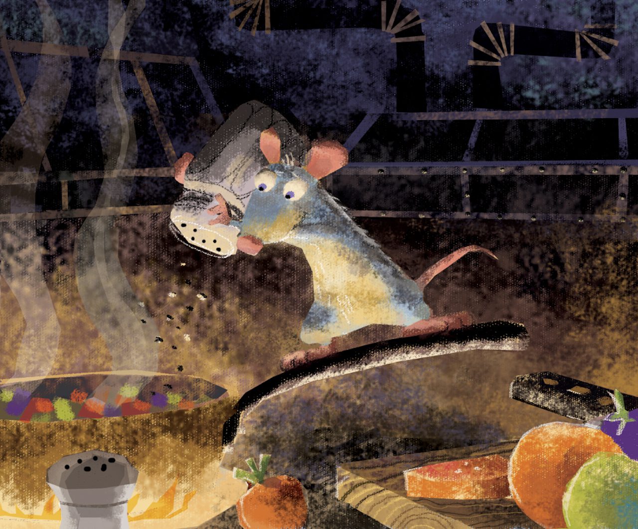 Harley Jessup, 'layout' de Enrico Casarosa. Estudio de paleta de color: Remy prepara una 'ratatouille'. 'Ratatouille', 2007. Pintura digital. | © Pixar.
