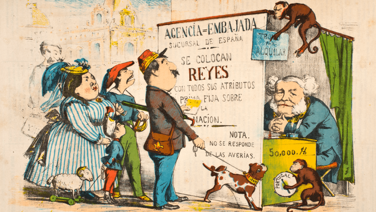Tomás Padró (atrib.). «Se colocan reyes», en La Flaca, 10 de julio de 1869. Biblioteca del Museo Nacional del Romanticismo. Imagen: Javier Rodríguez Barrera