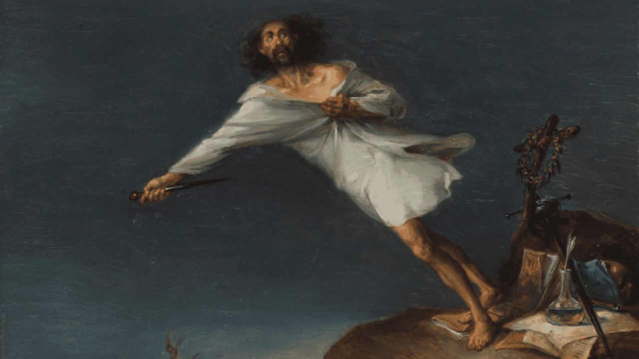 Leonardo Alenza. Sátira del suicidio romántico, h. 1839. Óleo sobre lienzo. Museo Nacional del Romanticismo. Imagen: Pablo Linés Viñuales