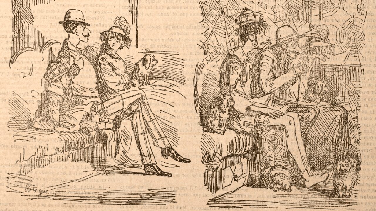 Francisco Ortego (dib. / lit.). «El principio y el fin de un viaje en un tren de gran velocidad», en El Cascabel, 3 de julio de 1866. Biblioteca del Museo Nacional del Romanticismo. Imagen: Fabián Álvarez Martín