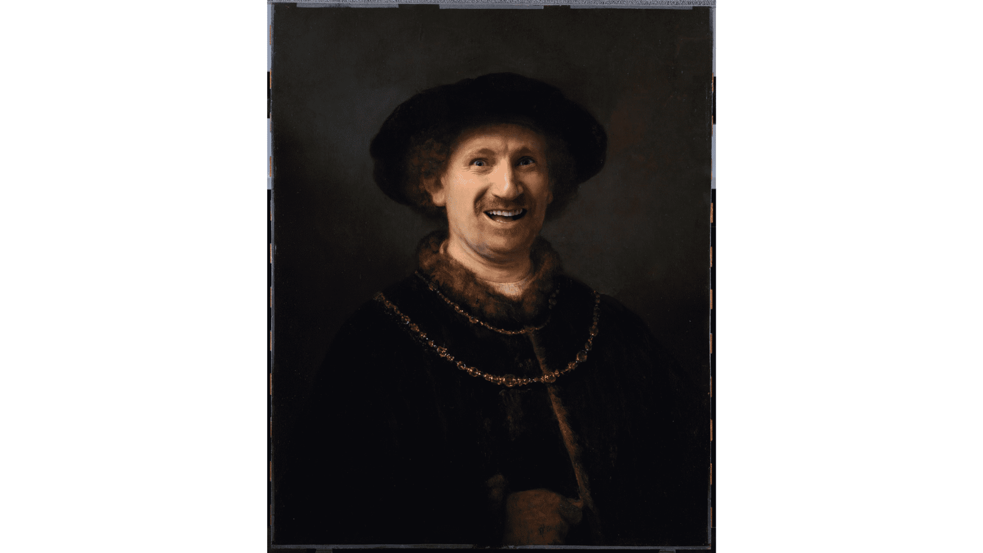 «Autorretrato con gorra y dos cadenas» (Rembrandt, 1642-1643). Fotomontaje: Jorge Salgado, Cultura en Vena