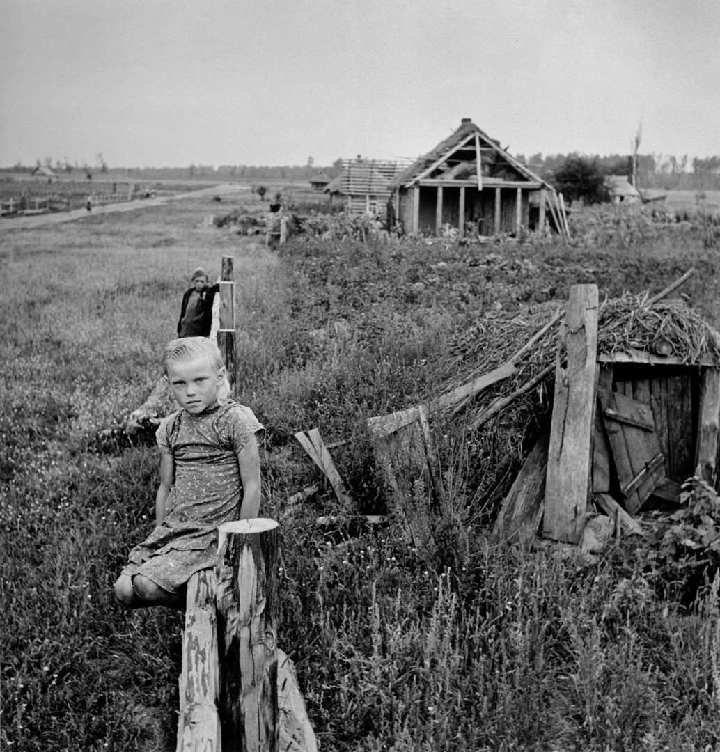 A girl sitting on wooden fence on a collective farm